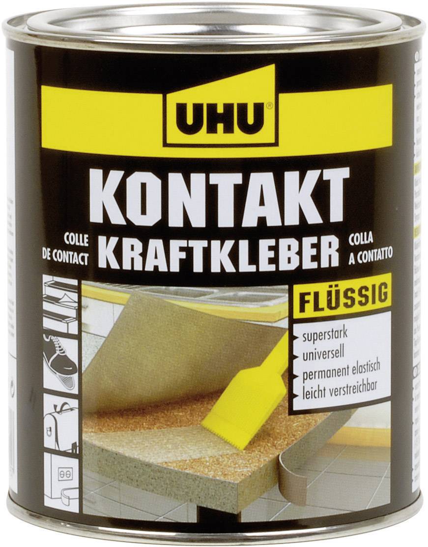 'Kontakt Kraftkleber' von UHU, flüssig. Superstark, universell, permanent elastisch, leicht verstreichbar. Verpackungsvorderseite.
