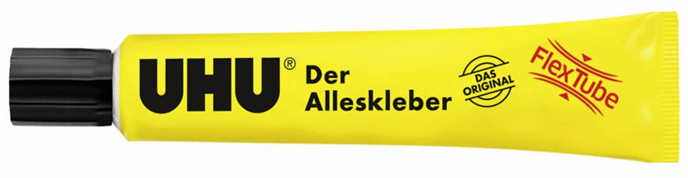 A yellow tube of 'UHU All-Purpose Adhesive' with a black lid, marked 'The Original' and 'Flex+Tube' on the packaging.