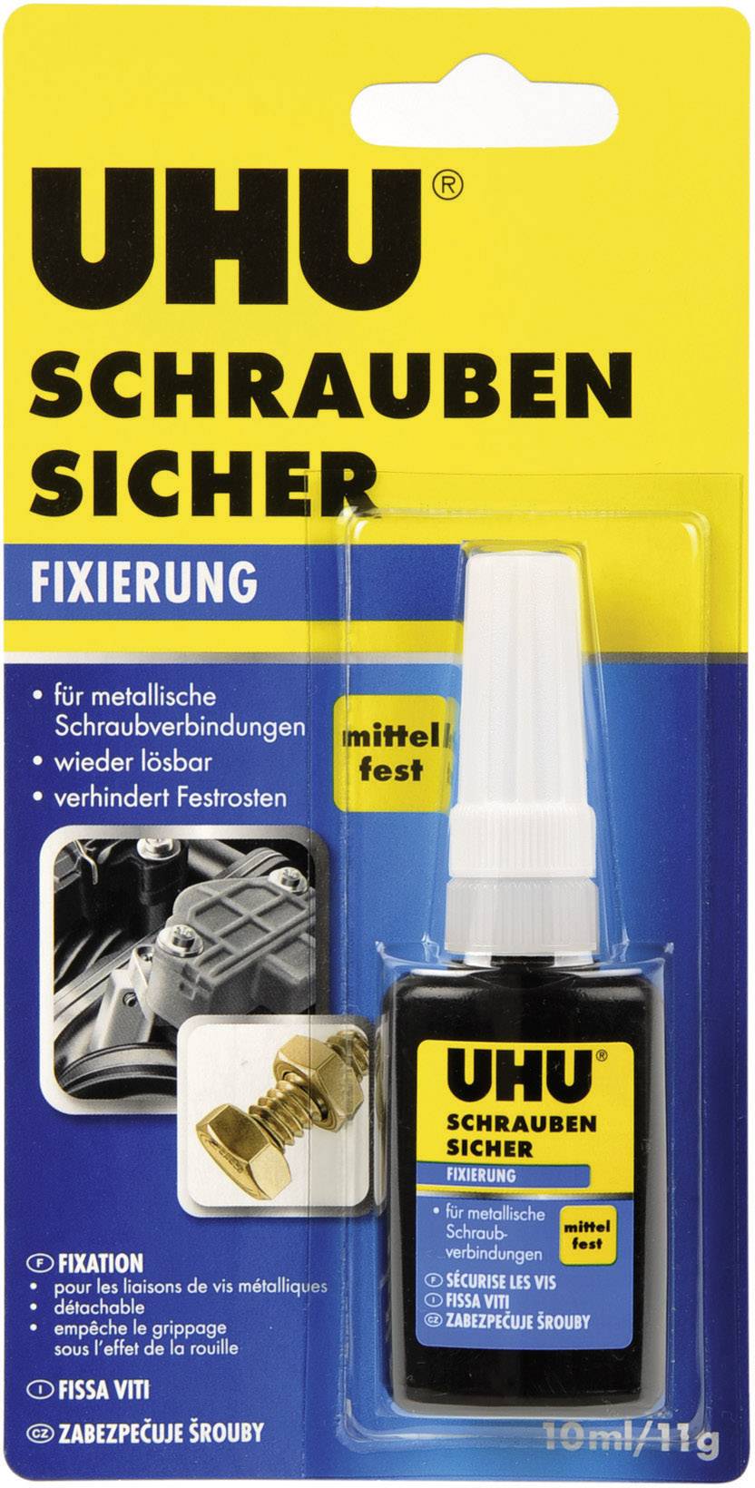 Packaging carton for 'UHU Threadlocker' adhesive: medium-strength fixing for metal connections, removable, 10ml tube.