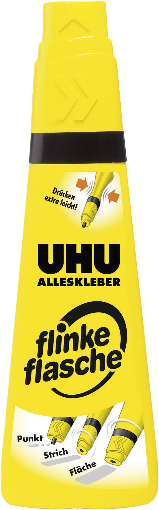 Yellow UHU all-purpose glue bottle with black cap and three application methods: point, line, area. Text: 'Press - extra easy'.