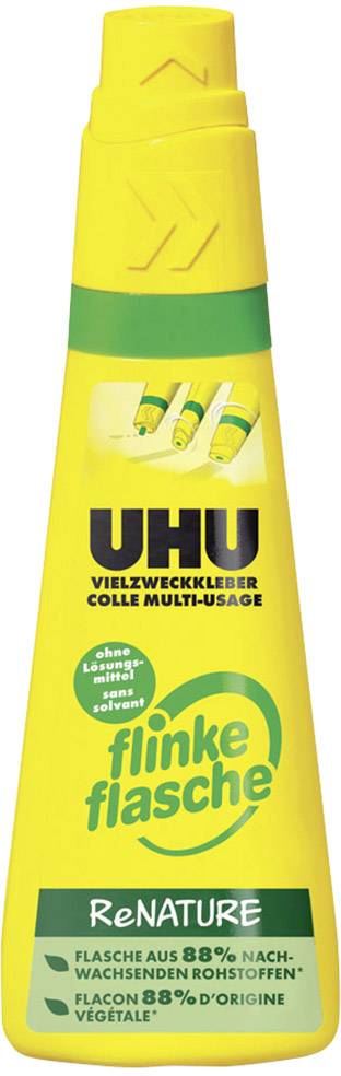 Yellow UHU adhesive tube, labelled with 'Multi-purpose adhesive', 'quick bottle', and 'ReNATURE'. Bottle made from 88% renewable raw materials.