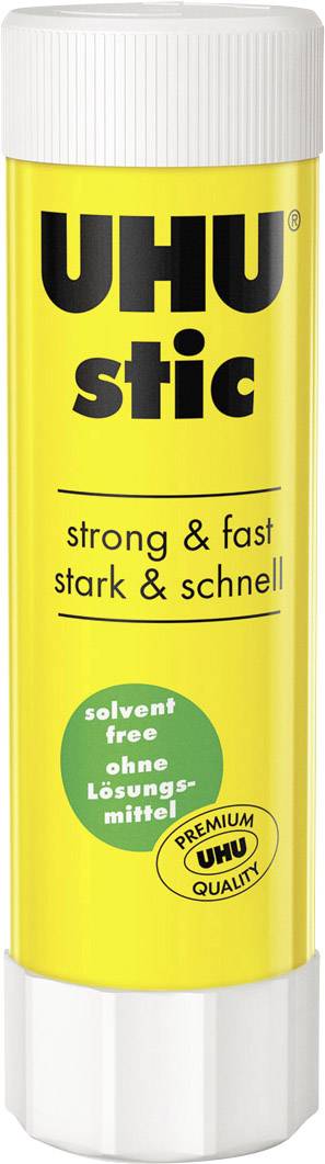 A yellow UHU glue stick with the inscription 'strong & fast', solvent-free, suitable for paper and cardboard.