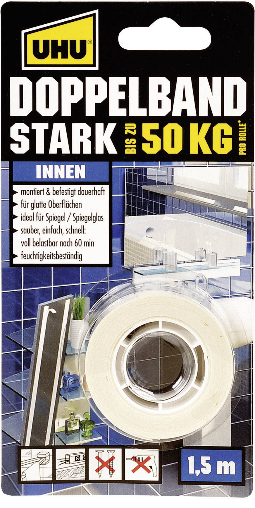 Packaging for UHU Double-Sided Tape for Indoor Use, holds up to 50 kg, ideal for smooth surfaces. Length: 1.5 m.
