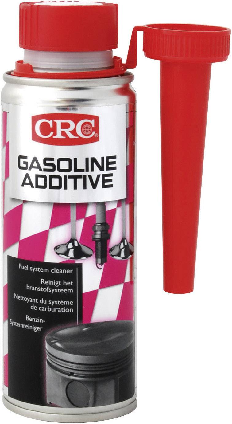 A red funnel and a tin with the label 'Petrol Additive' for cleaning the fuel system, brand CRC.