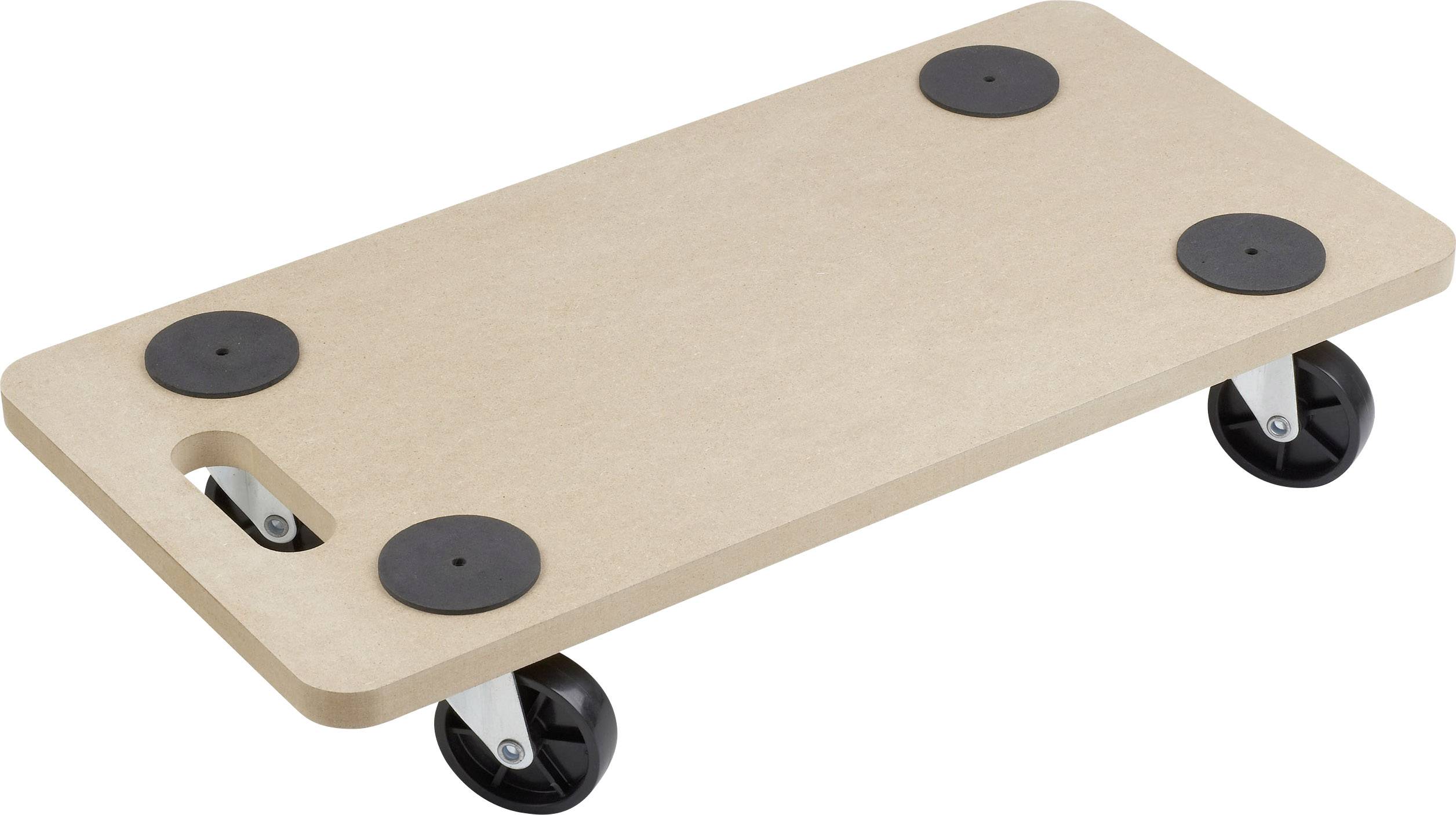 Wooden transport trolley with a rectangular, flat platform, four black wheels for easy movement of heavy items.