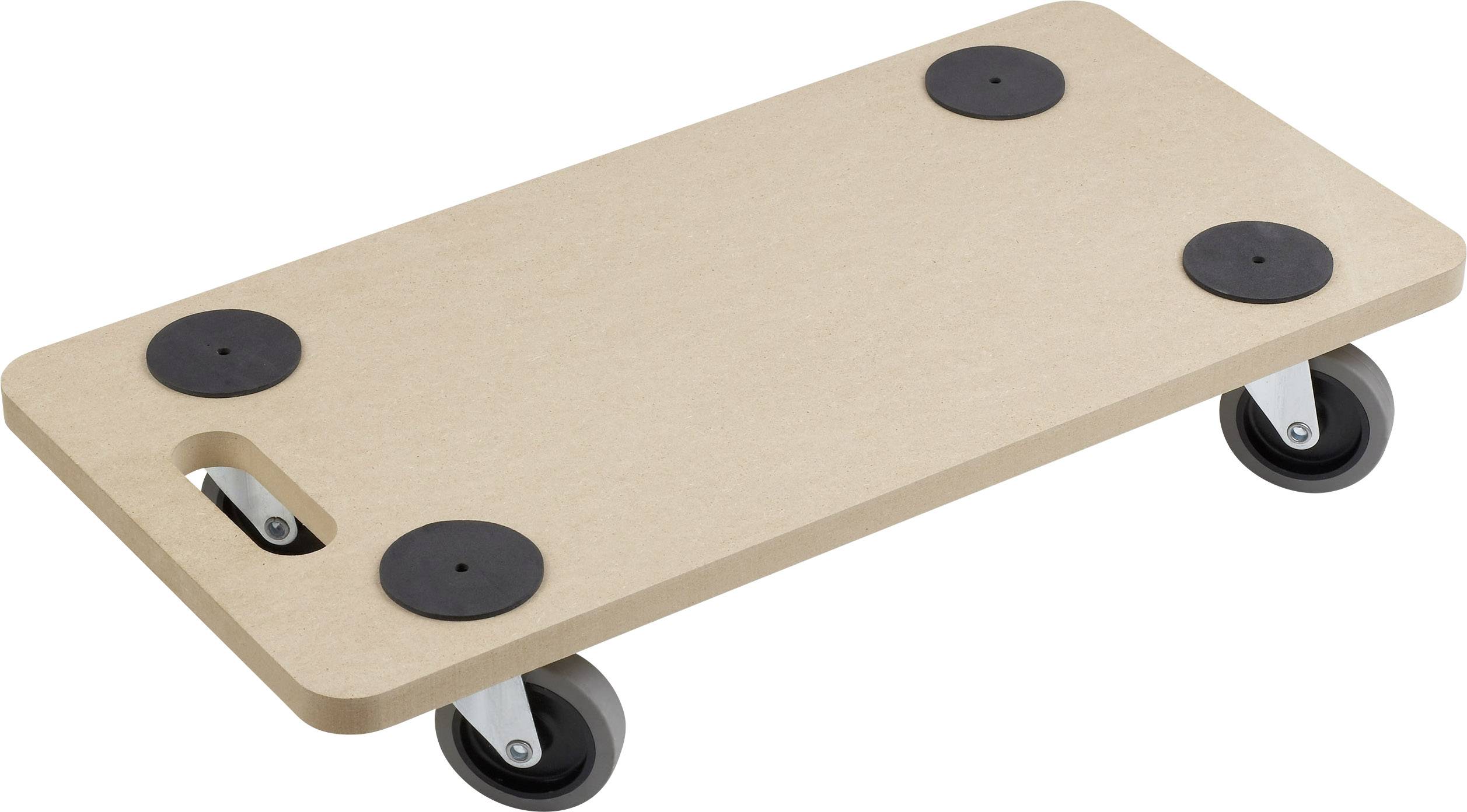 Transport dolly with a rectangular wooden board and four wheels, perfect for moving heavy items.