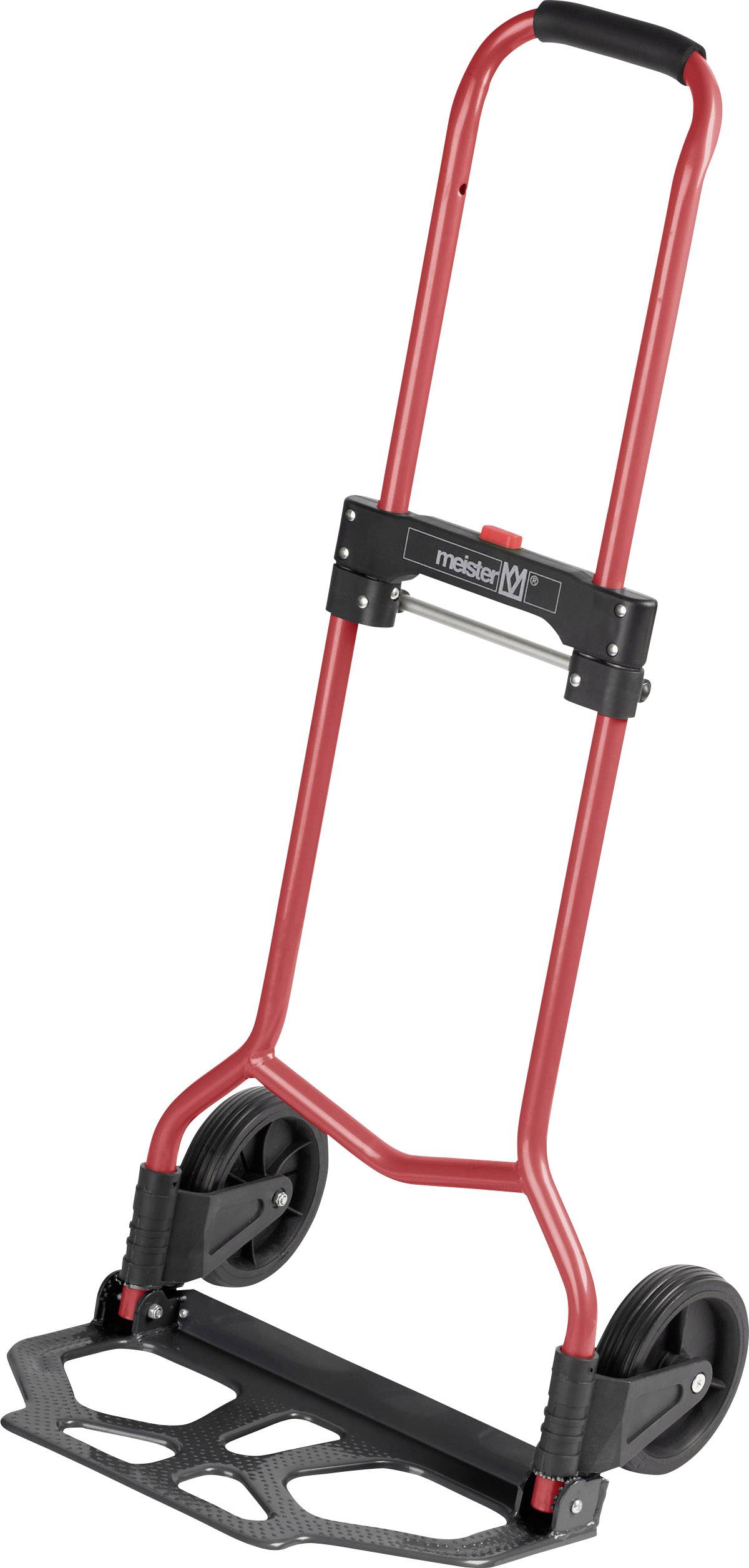 A red sack truck with two wheels and a folding base. Suitable for transporting heavy crates or parcels.