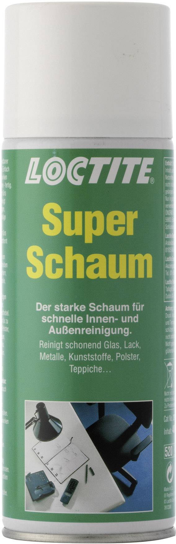 Spray can with green label, marked with 'Super Foam'. Enables quick interior and exterior cleaning, suitable for glass, paintwork, metal.