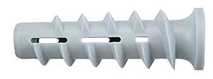 A plastic wall plug with multiple lateral fins and a tapered shape, typical for fixings in walls.
