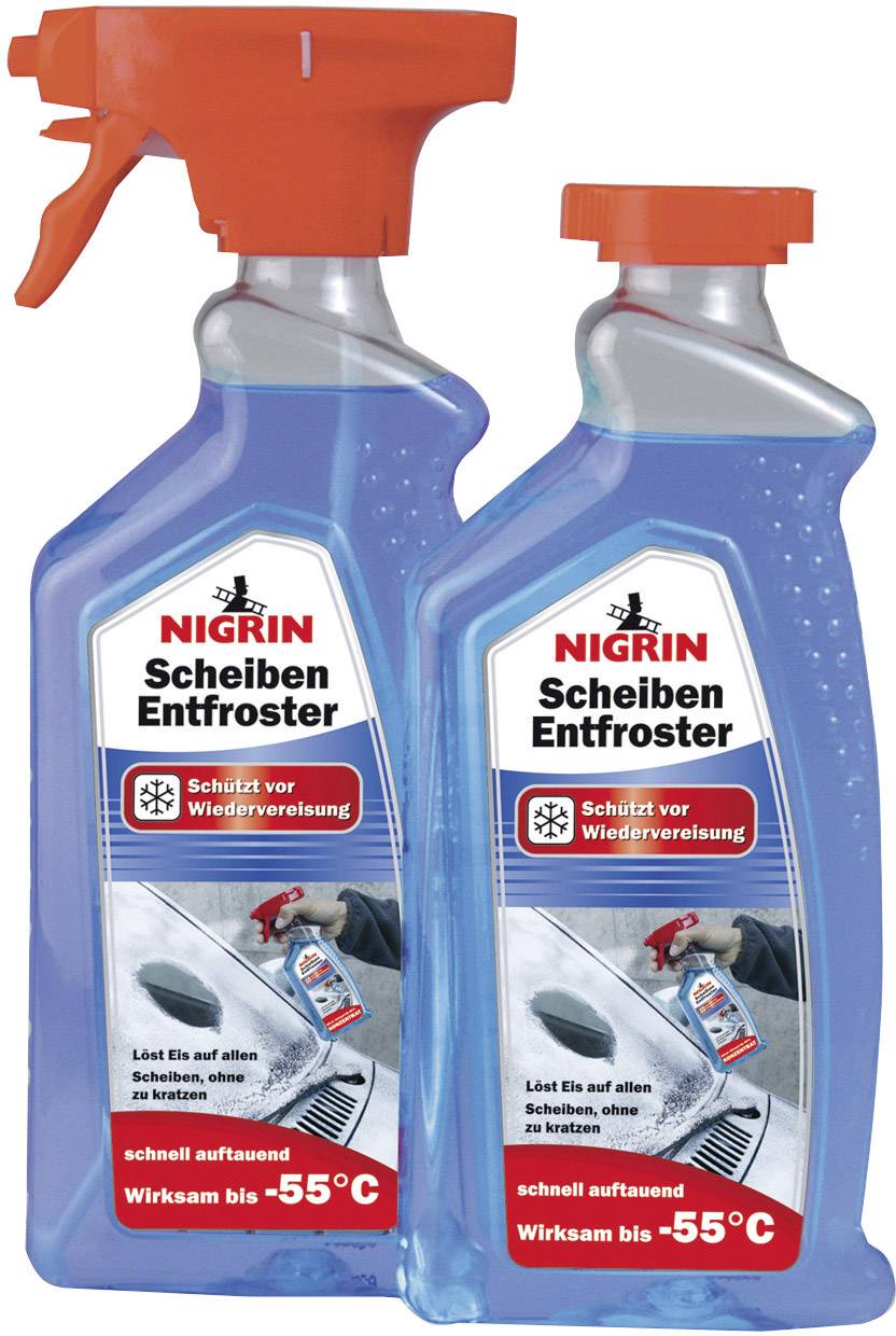 Two blue bottles with a red spray nozzle of 'Nigrin Windscreen De-Icer', labelled with protection against refreezing, effective down to -55°C.