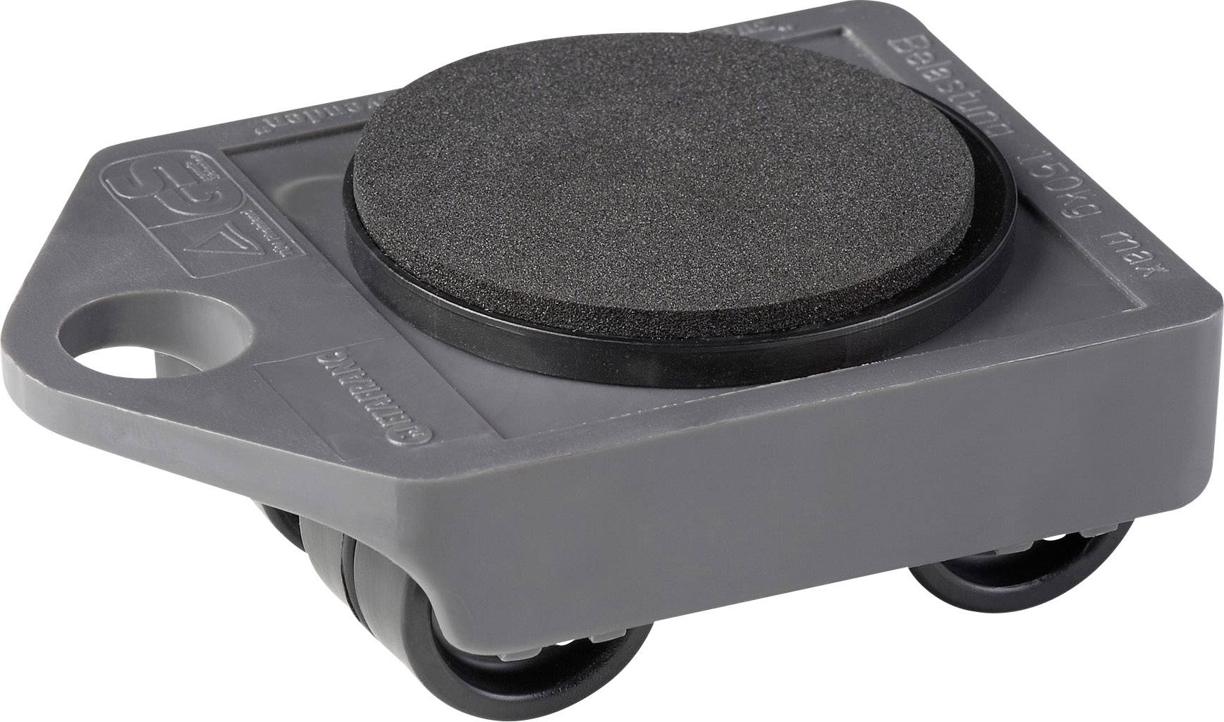 Grey trolley with a black non-slip surface. Two wheels visible. Suitable for safely moving heavy loads.
