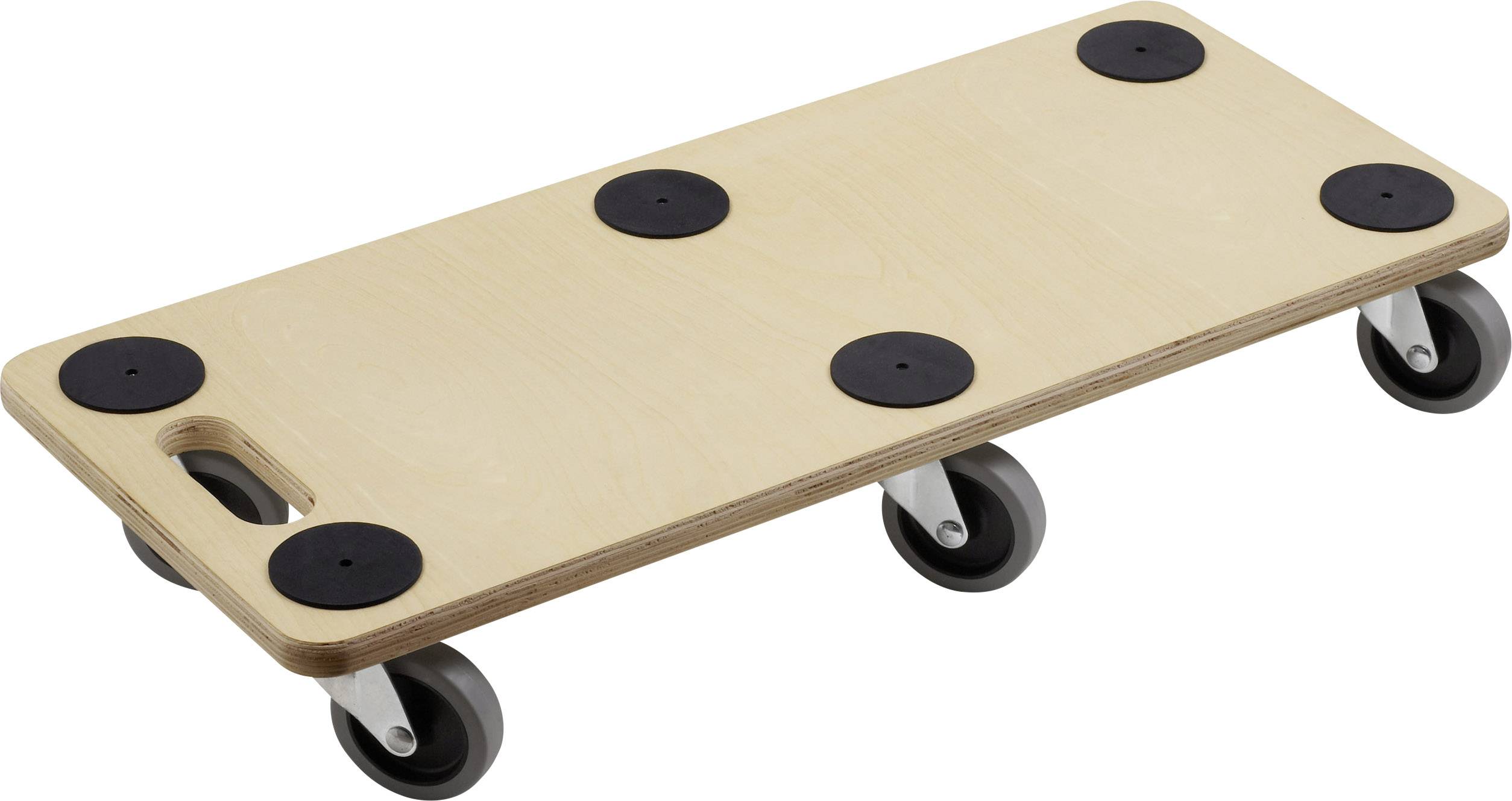 Wooden furniture dolly with six black non-slip pads and four swivel castors, suitable for light furniture moving.