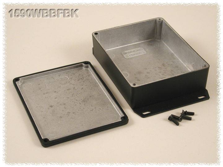 A rectangular metal enclosure with the lid removed and screws lying beside it, model number '1590WBBFBK'.