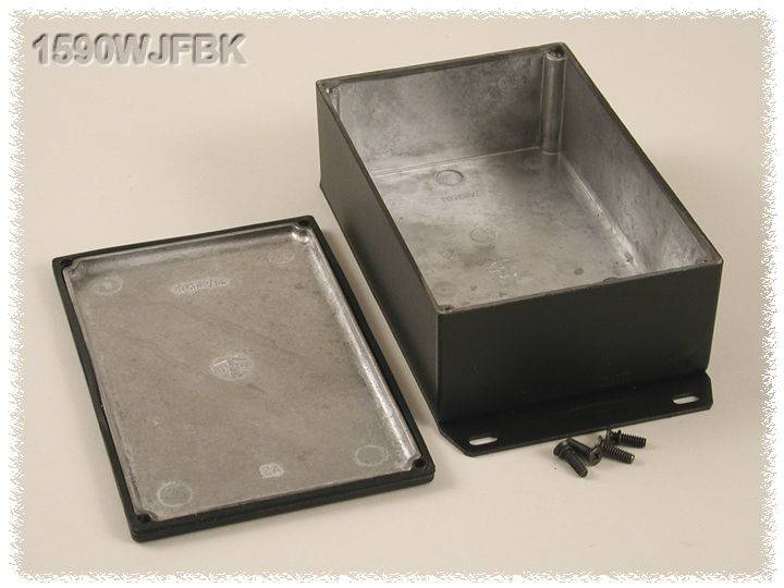 Rectangular metal enclosure with removed cover, shown with screws. Enclosure provides space for electrical or electronic components.