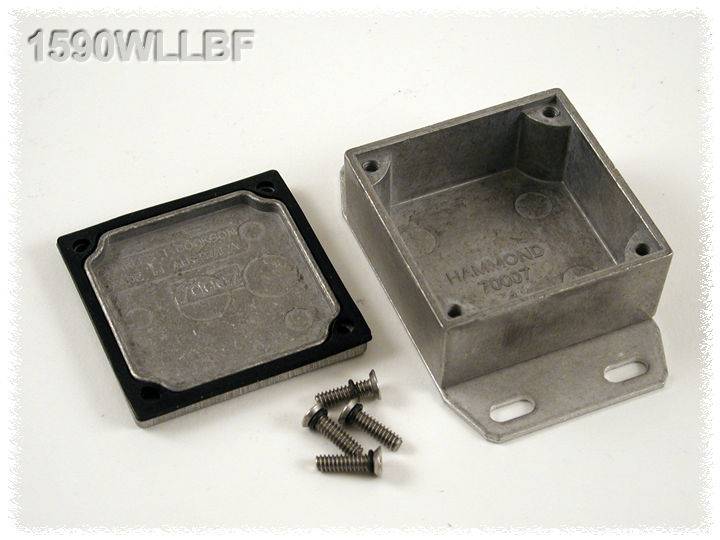 Aluminium enclosure with an open cover and accompanying screws placed beside it. The enclosure is drilled through for mounting.