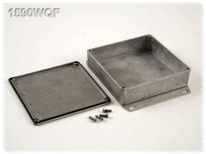 Metal enclosure with removed lid and six screws. '1590WQF' printed top left. Suitable for electronic projects.