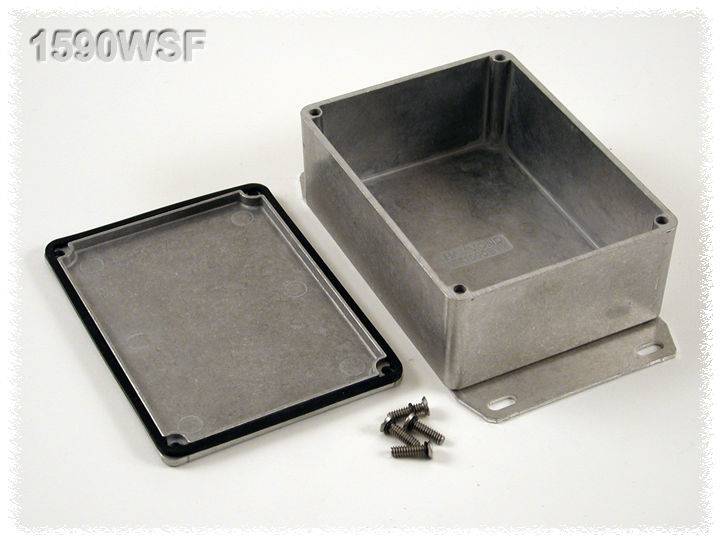 Metal enclosure with removed lid and six screws laid side by side. Model number '1590WSF' is visible in the top corner.