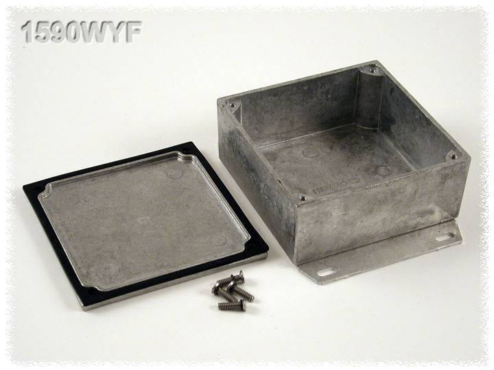 Metal enclosure with removed cover and four screws beside it. Suitable for protecting electronic components.