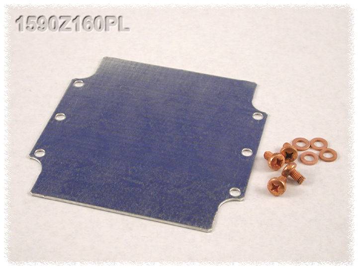 Metal plate with six screw holes, alongside five copper screws and washers. Top left, the text reads '1590Z160PL'.
