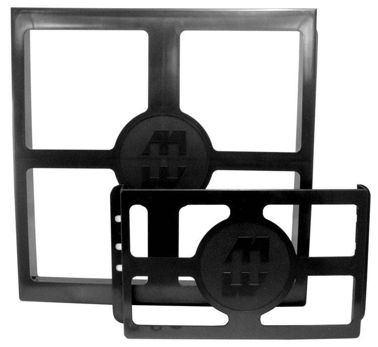 Black, rectangular number plate holders of various sizes, with central logo design, on a white background.