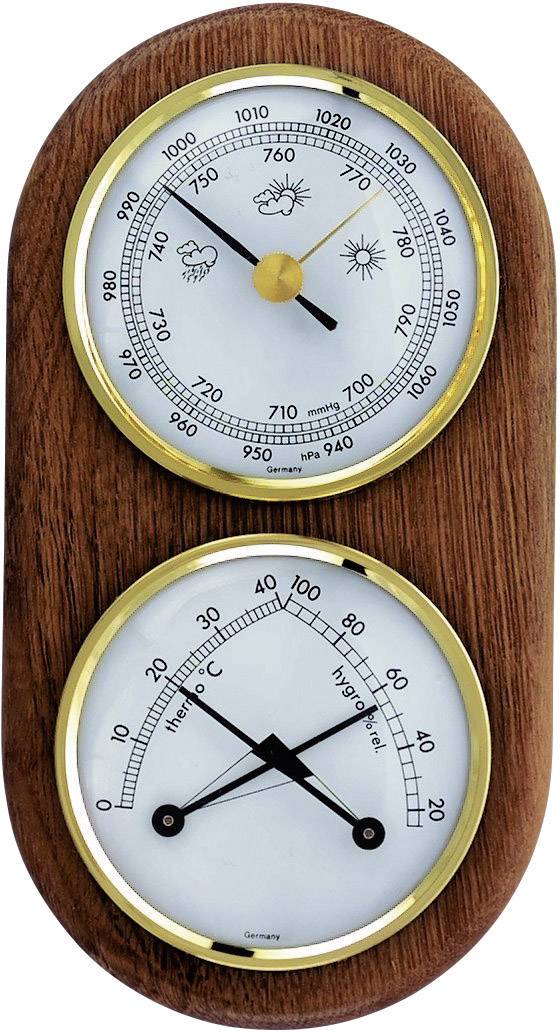 Wooden Barometer and Hygrometer: Above, a round barometer with weather indicators. Below, a hygrometer with humidity and temperature scale.