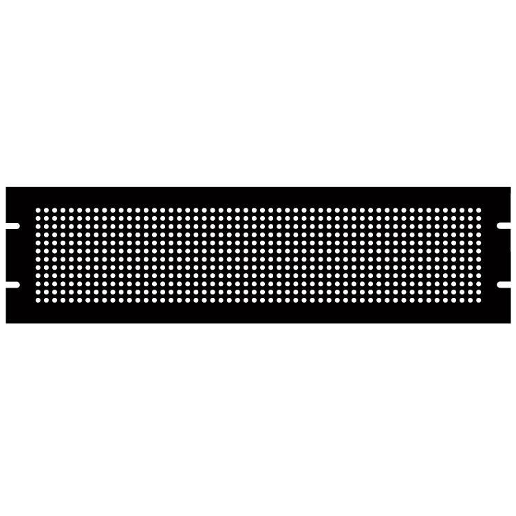 A black metal ventilation panel with continuous perforation, suitable for ventilation in a rack or enclosure system.