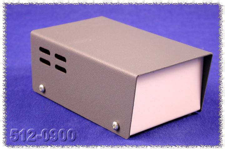 A grey metal box with ventilation slots and visible screws against a blue background, number '512-0900' in the bottom left.