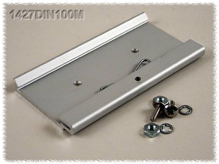Metallic mounting bracket with multiple drill holes for fixing, alongside screws and nuts.