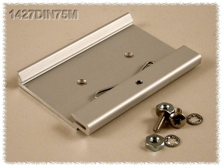 Aluminium mounting bracket with screws and nuts on a beige background. It is used for attachment to a DIN rail.
