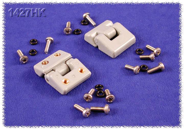 Two grey hinges with screws and nuts on a blue background.