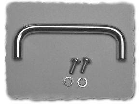 A silver door handle with two screws and two washers, lying on a grey background.