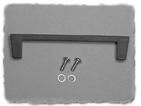 A black handle with two screws and washers on a grey background.