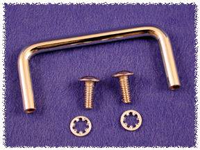 Metal handle with two screws and rings, on a purple background. Suitable for furniture assembly or repair.