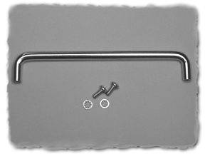 Metal handle with two screws and washers, lying on a grey background. Suitable for furniture assembly.