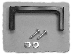 Black handle with two screws and washers for fastening, placed on a grey background.