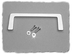 Metal handle with two screws and two washers on a grey background.