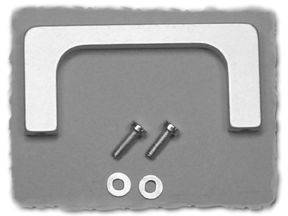 A silver-coloured furniture handle with two matching screws and washers on a grey background.