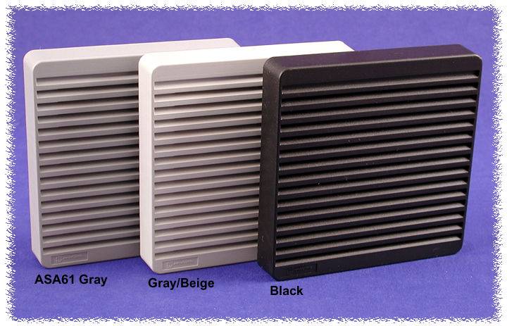 Three square ventilation grilles in Grey, Beige and Black side by side on a purple background. Colours are ASA61 Grey, Grey/Beige, Black.