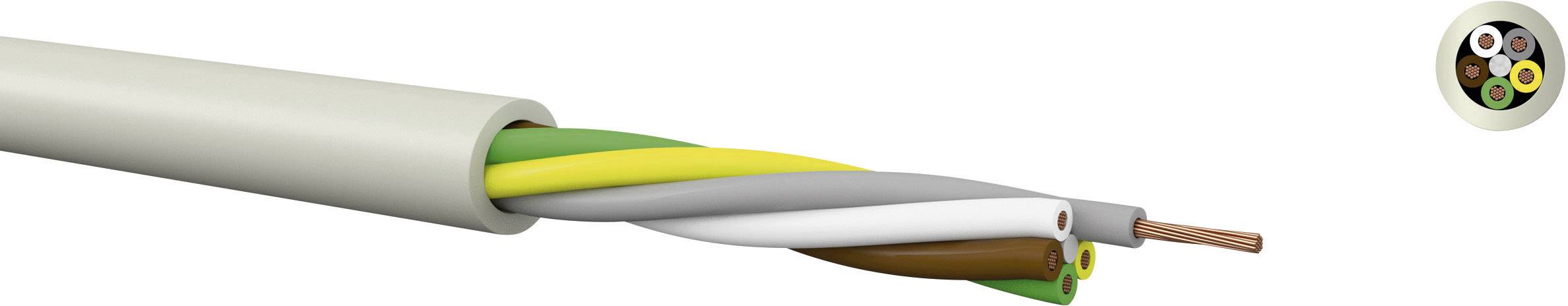 A multi-core cable with brown, blue, yellow-green, and grey insulation. Used for current transmission in electrical installations.