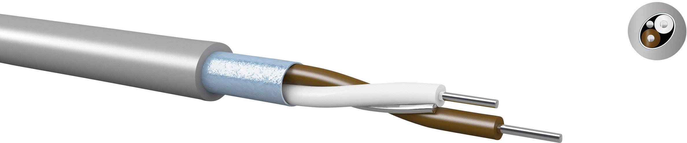 Figure of a coaxial cable with two insulated conductors in brown and white. A cross-section of the cable is shown in the top right.
