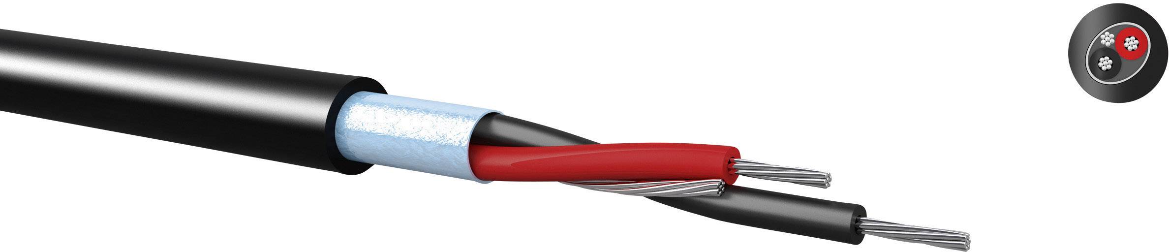 Diagram of a coaxial cable showing the inner conductor, insulation, outer conductor, and black outer sheath. Small symbol indicates positive and negative poles.