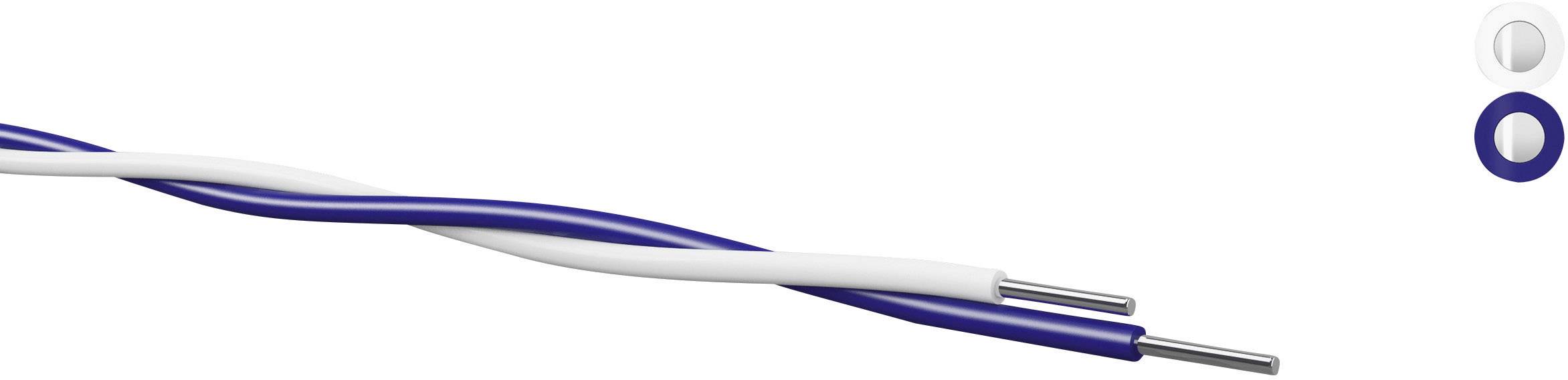 Two twisted wires, one blue and one white, with exposed ends. Symbols in the top right show round connections.