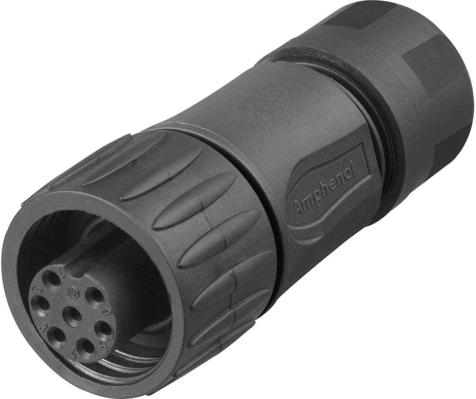 A black, cylindrical connector with multiple pin holes, with 'Amphenol' written on the side. Suitable for electrical connections.