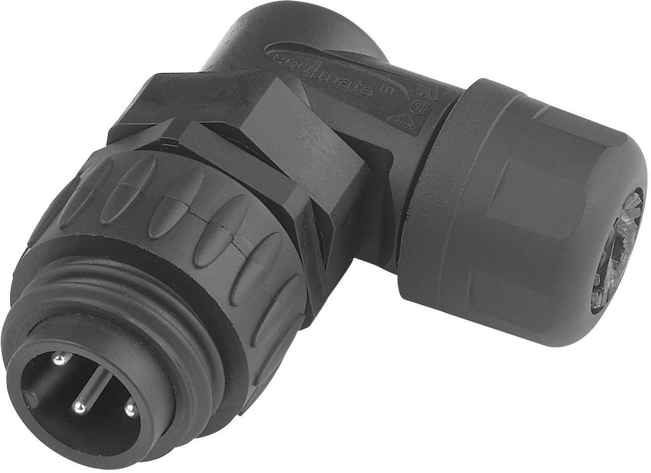 Black, right-angled connector with ribbed grip and three pins. Suitable for industrial electrical installations.