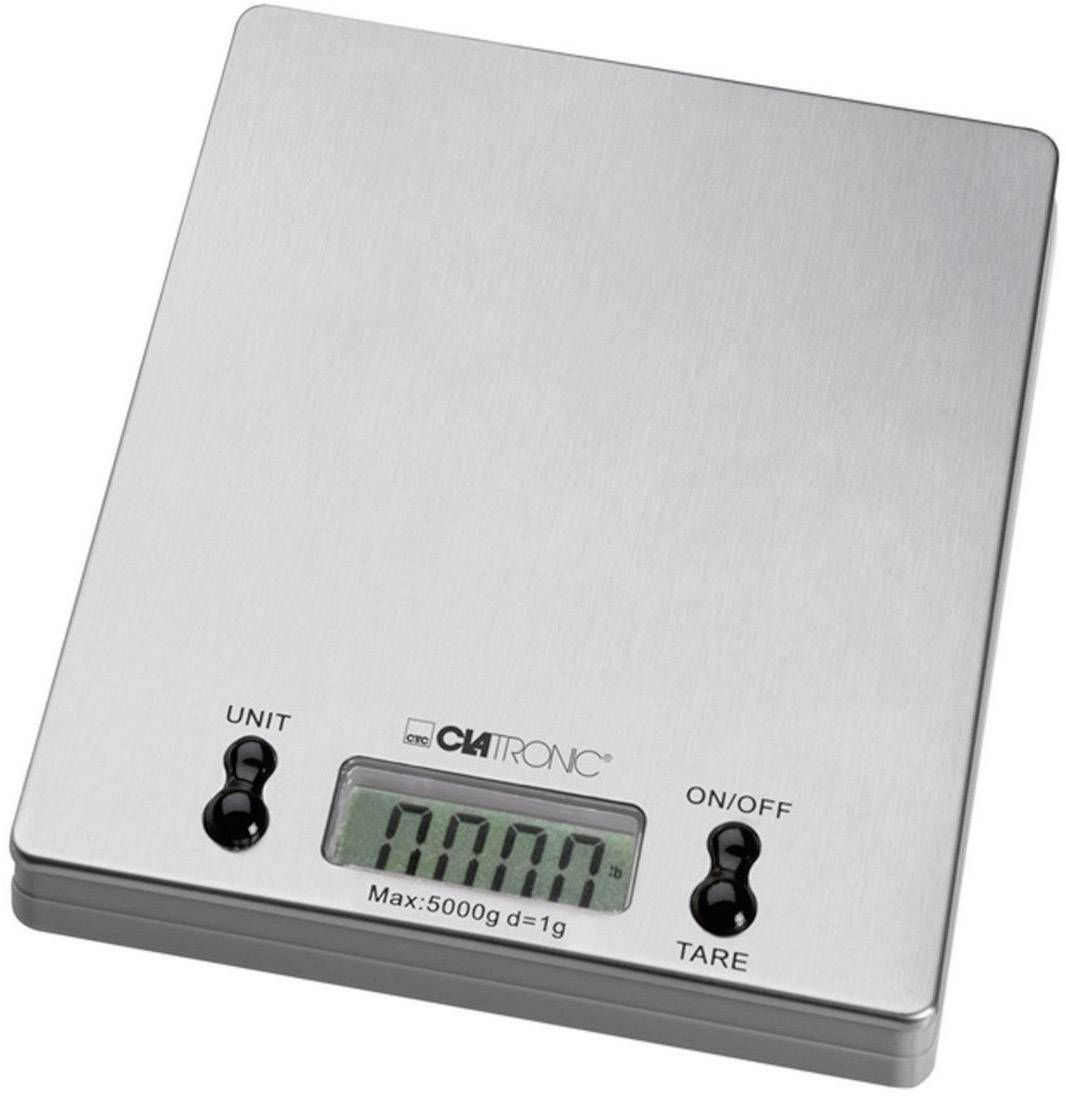 Digital kitchen scales made of stainless steel with two buttons 'UNIT' and 'ON/OFF', displaying 0.0 on the screen, with a maximum capacity of 5000g.