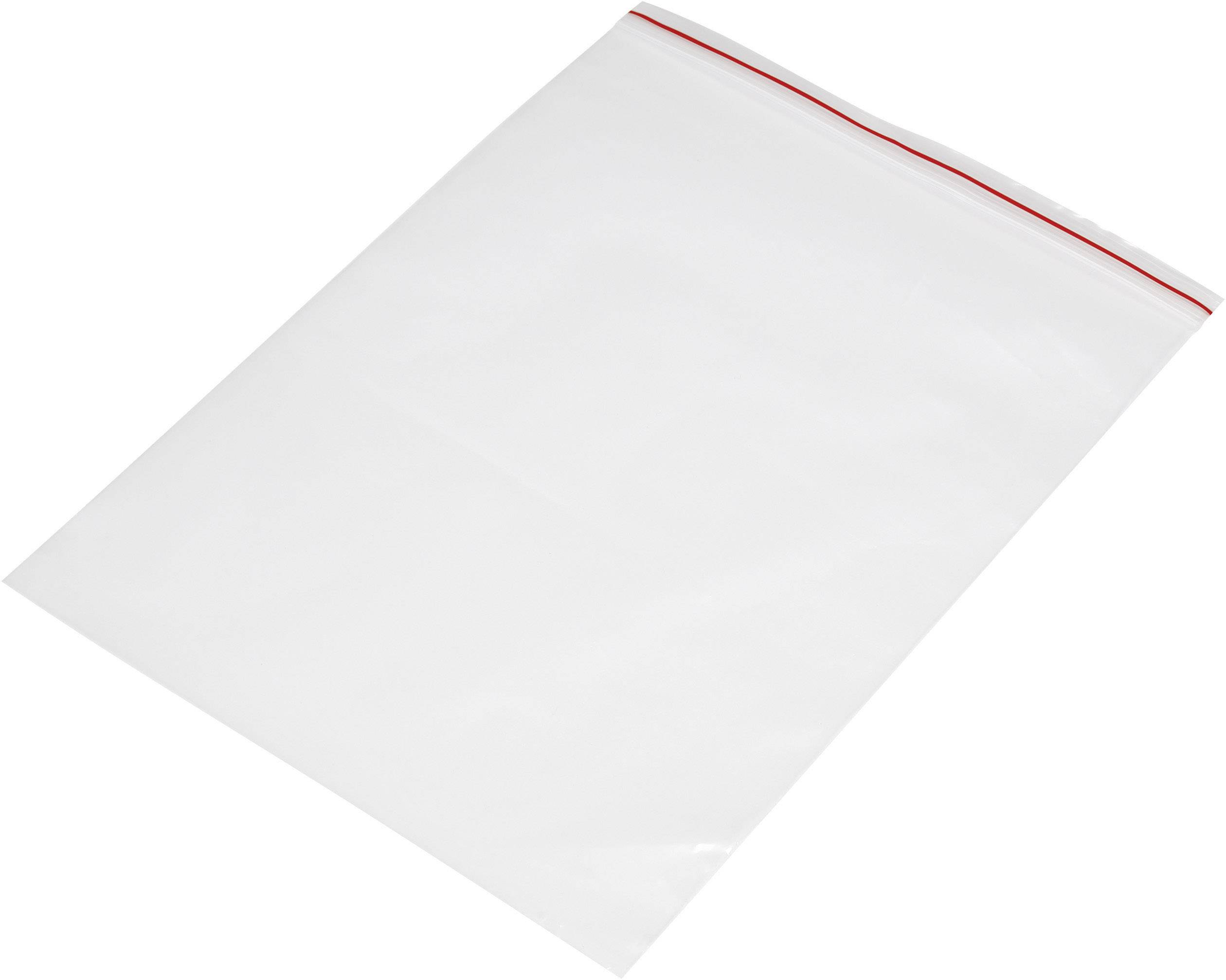 A transparent plastic bag with a red sealing strip, lying flat on a white background.
