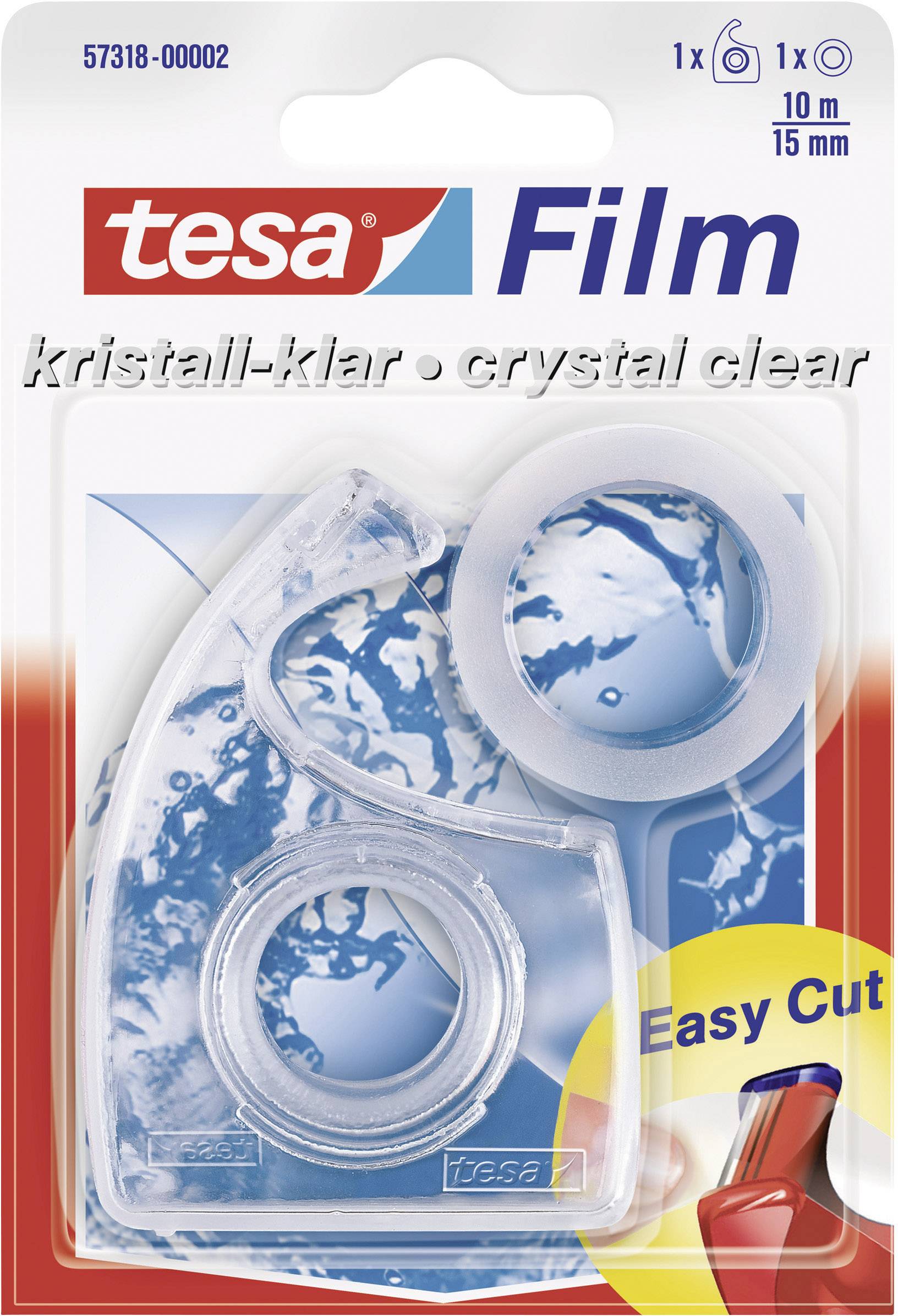 Packaging for tesa Film crystal-clear, contains one roll of adhesive tape and a dispenser. 10 m, 15 mm width.