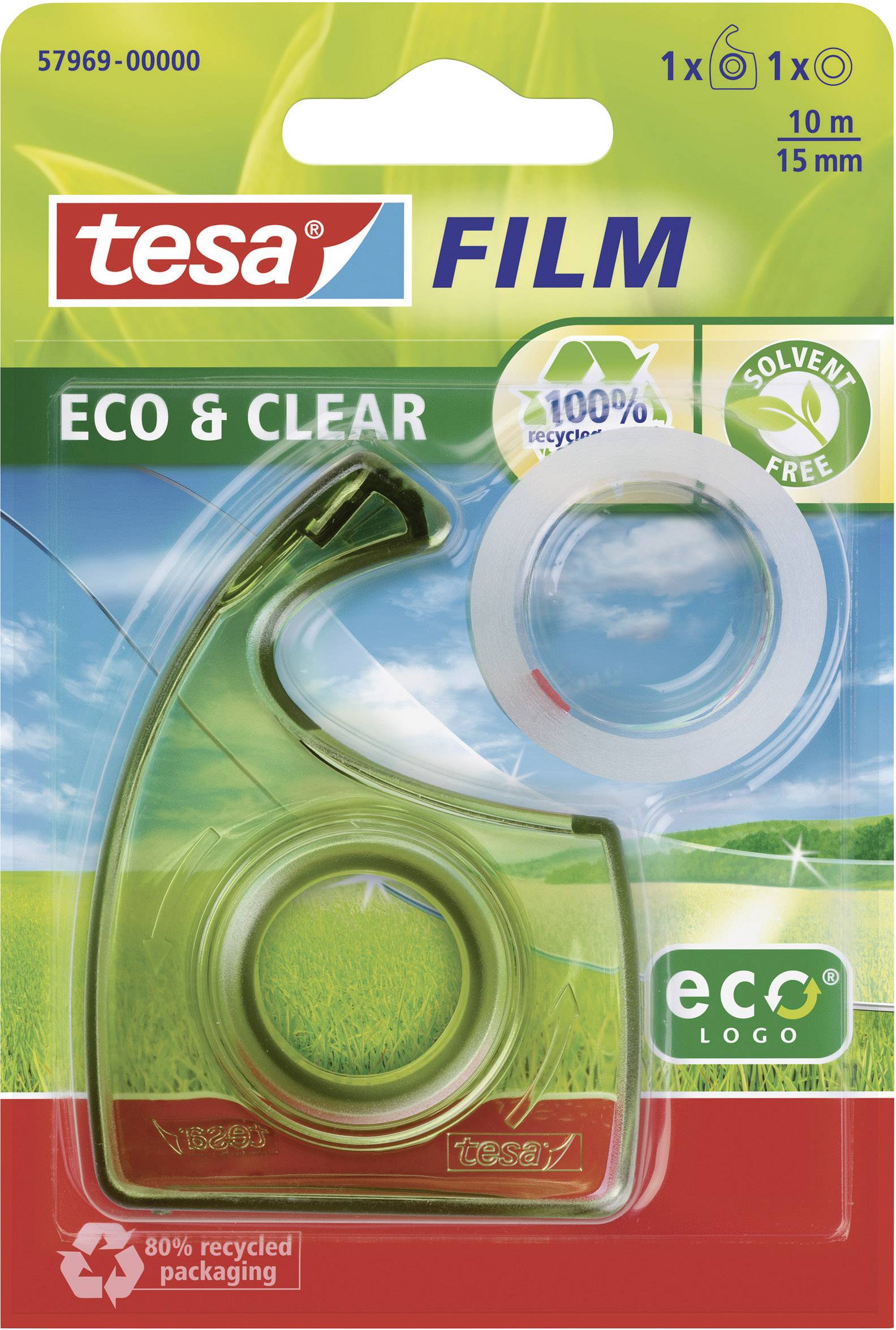 Tesa Film Packaging, including Dispenser, 10 m x 15 mm, 'Eco & Clear', 100% Recycled, Solvent-Free, with Eco Logo.