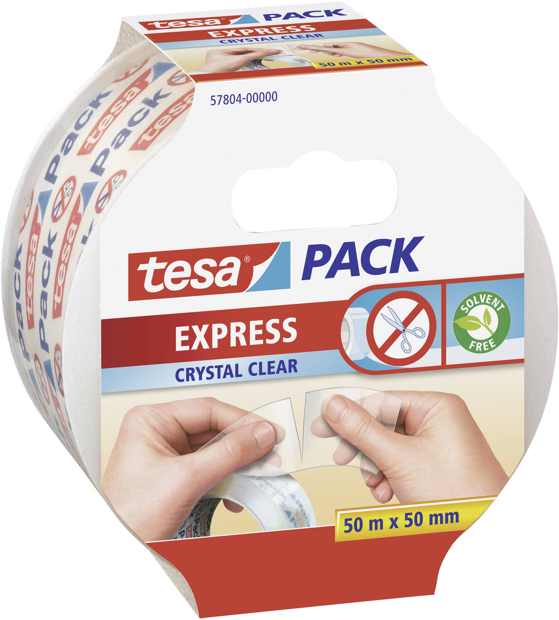 Hand tape dispenser with Tesa packing tape, transparent, 50 m x 50 mm, suitable for packaging. Solvent-free, easy to tear.