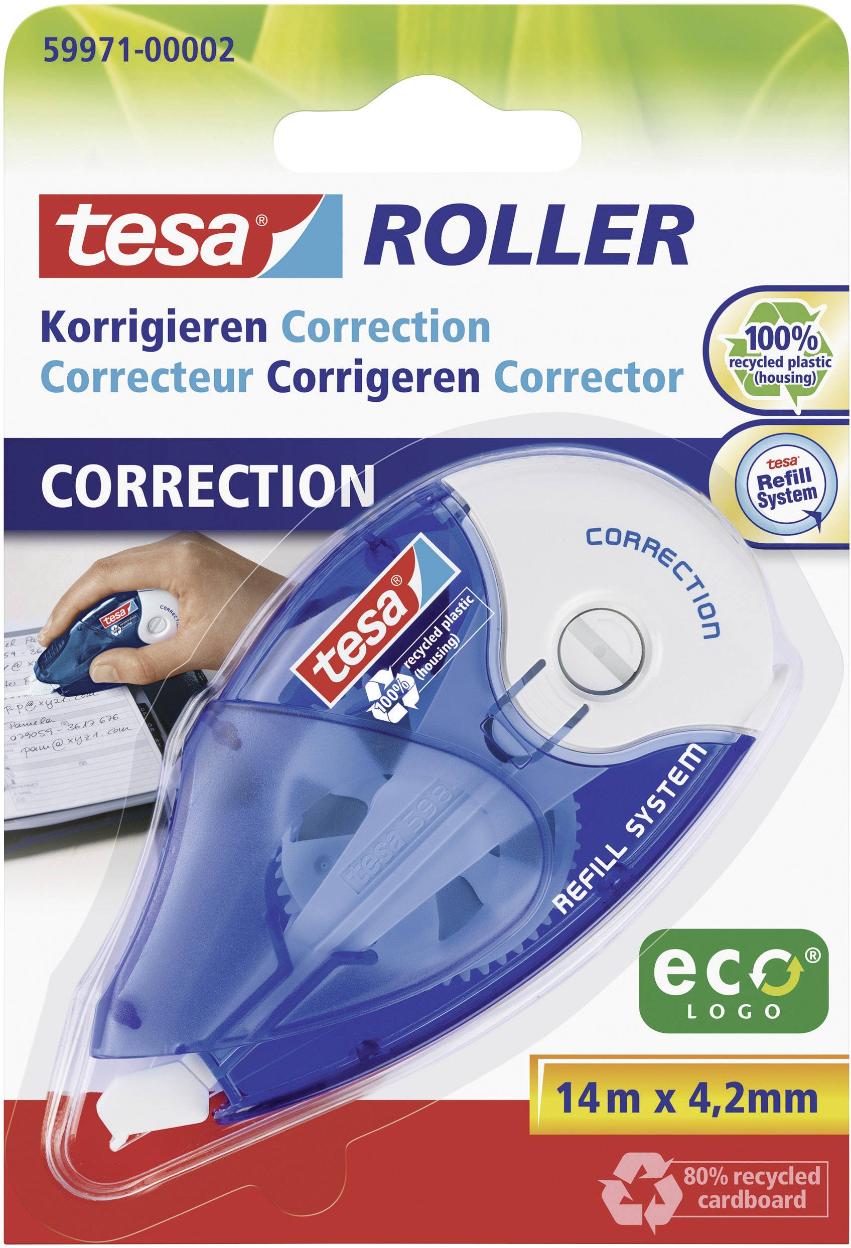 A Tesa correction roller with a blue casing. The product has a refill system with 14 m tape and is made from recycled material.